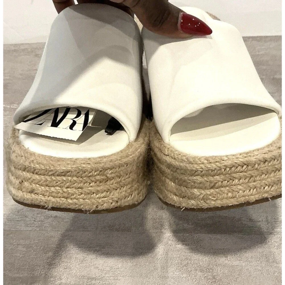 Zara White Leather Chunky Platform Sandals Jute Espadrille Mules NWT Size 37 6.5 - Picture 7 of 11